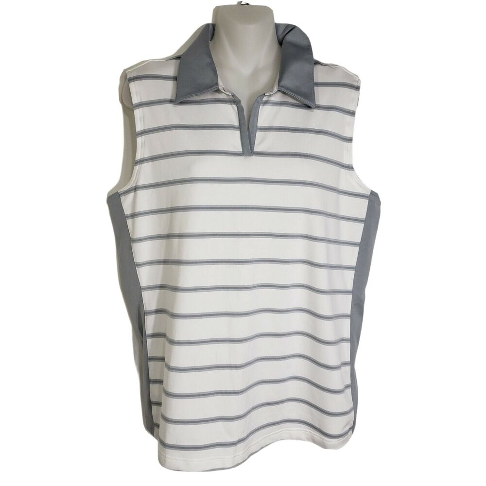 Adidas Golf ClimaCool Tank Top Large White Gray Striped Sleeveless Collared
